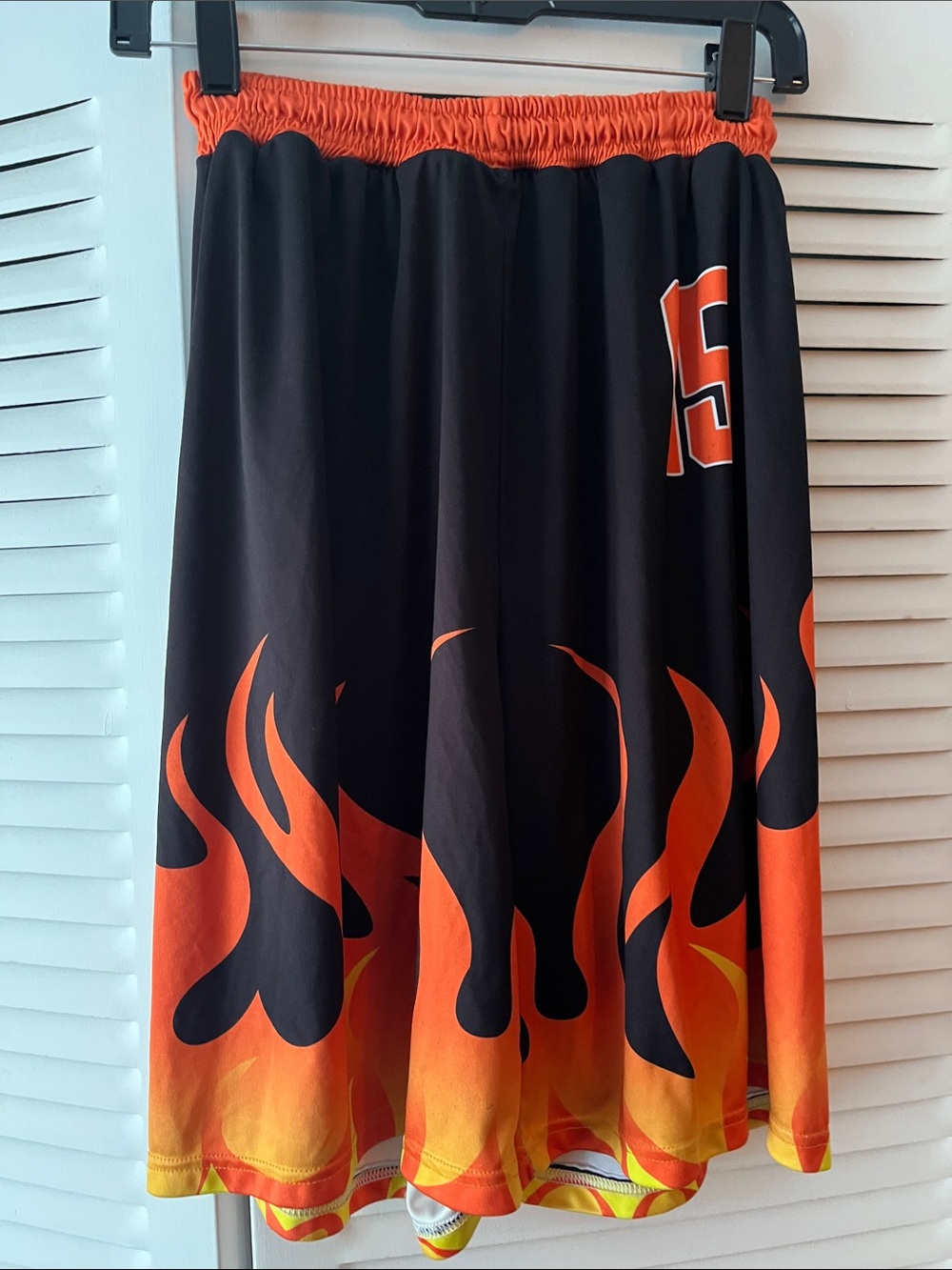 Long Men Med Athletic Shorts with #15. Drawstring Black & Orange Flame